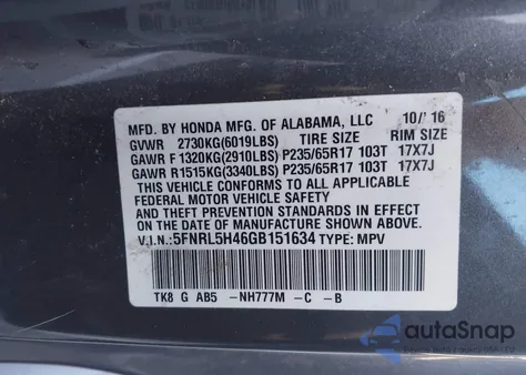 2016 Honda Odyssey Ex z USA, uszkodzony, nr VIN 5FNRL5H46GB151634